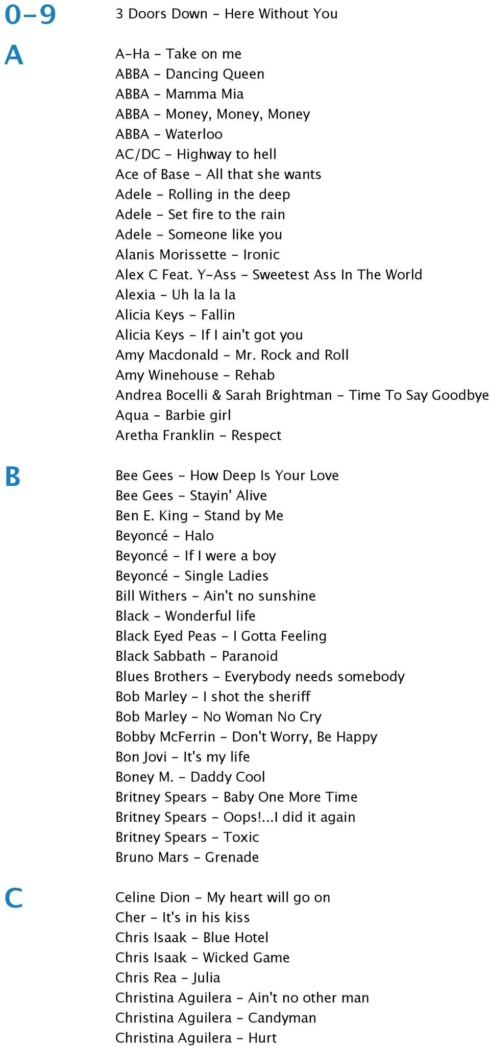 Y-Ass - Sweetest Ass In The World Alexia - Uh la la la Alicia Keys - Fallin Alicia Keys - If I ain't got you Amy Macdonald - Mr.