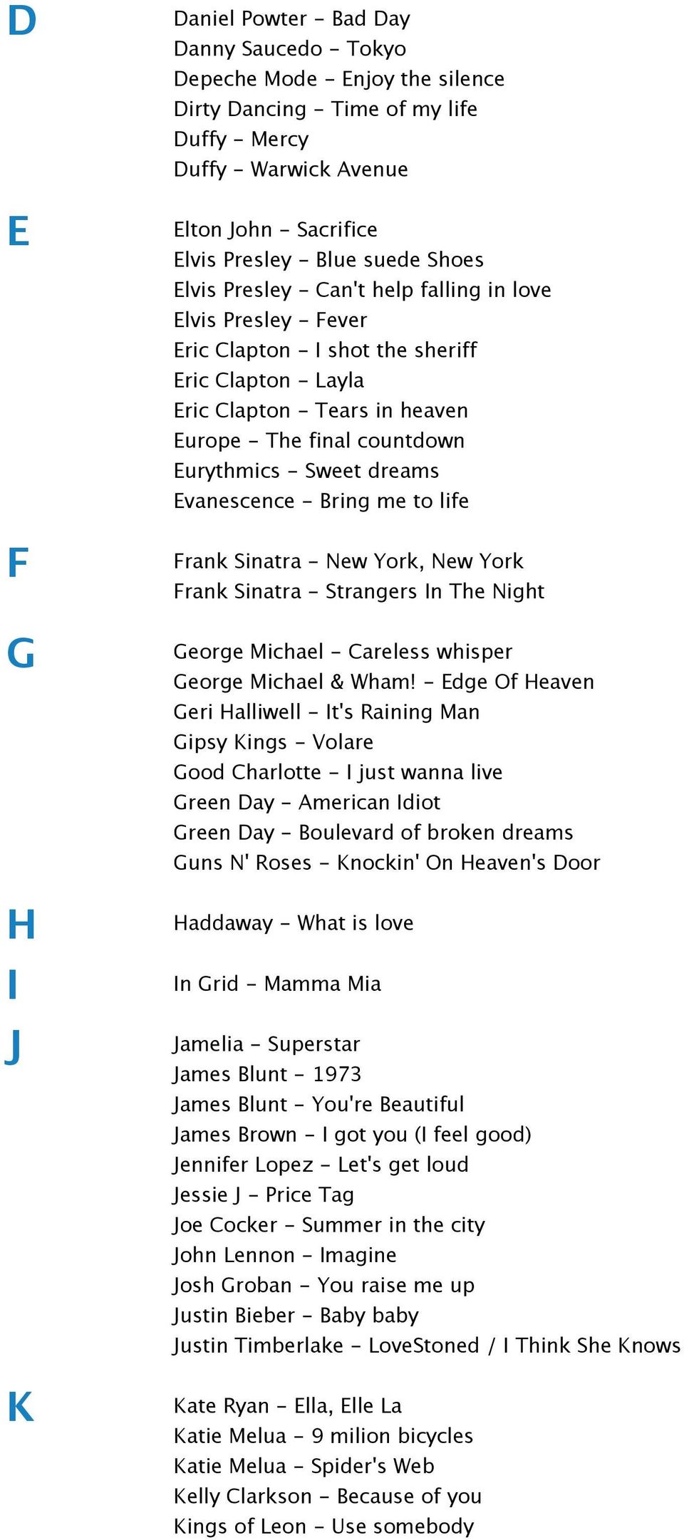 countdown Eurythmics - Sweet dreams Evanescence - Bring me to life Frank Sinatra - New York, New York Frank Sinatra - Strangers In The Night George Michael - Careless whisper George Michael & Wham!