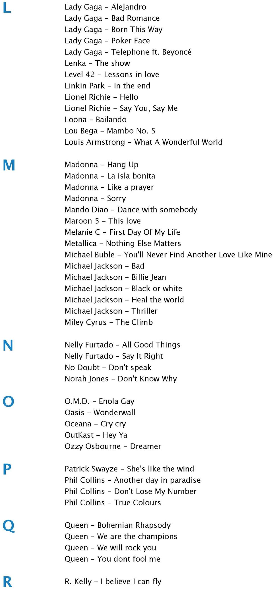 5 Louis Armstrong - What A Wonderful World Madonna - Hang Up Madonna - La isla bonita Madonna - Like a prayer Madonna - Sorry Mando Diao - Dance with somebody Maroon 5 - This love Melanie C - First