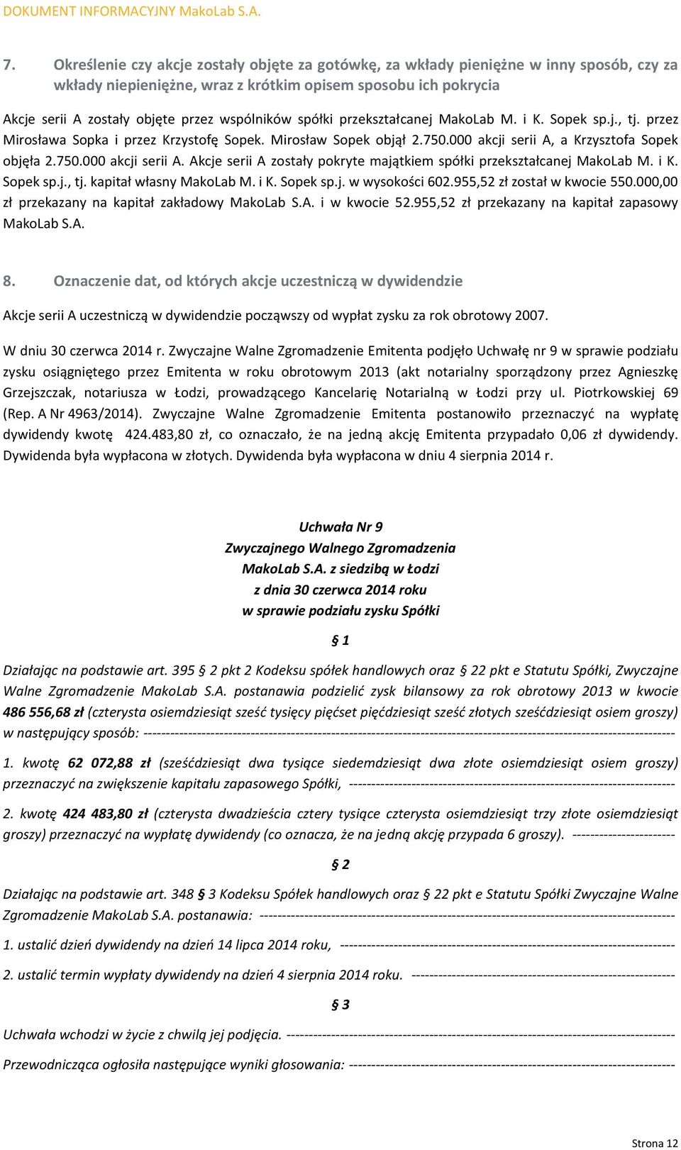 a Krzysztofa Sopek objęła 2.750.000 akcji serii A. Akcje serii A zostały pokryte majątkiem spółki przekształcanej MakoLab M. i K. Sopek sp.j., tj. kapitał własny MakoLab M. i K. Sopek sp.j. w wysokości 602.