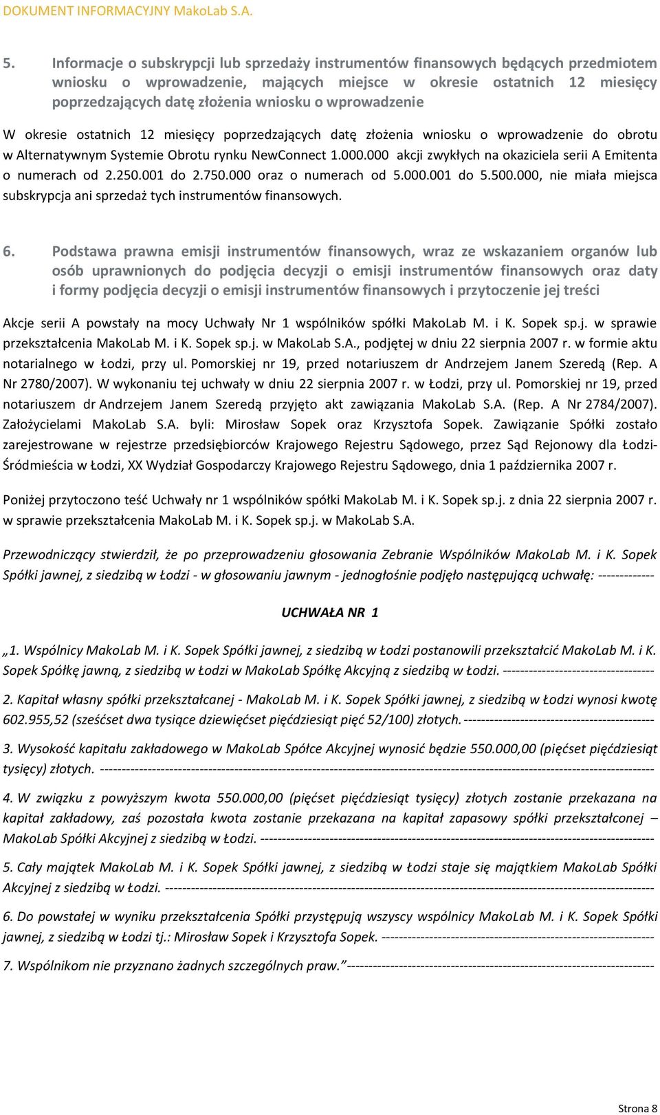 000 akcji zwykłych na okaziciela serii A Emitenta o numerach od 2.250.001 do 2.750.000 oraz o numerach od 5.000.001 do 5.500.