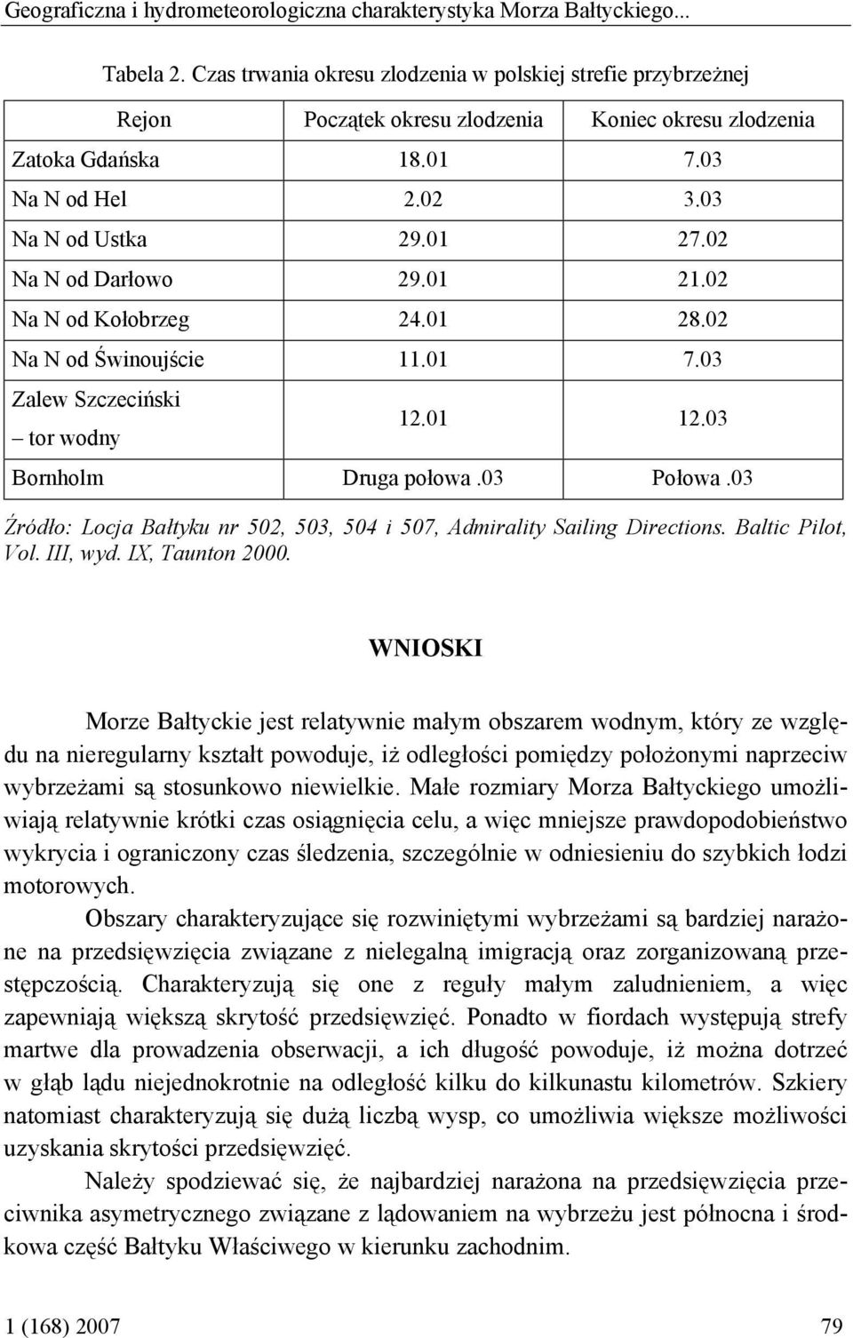 0.0 Na N od Kołobrzeg 4.0 8.0 Na N od Świnoujście.0 7.03 Zalew Szczeciński tor wodny.0.03 Bornholm Druga połowa.03 Połowa.03 Źródło: Locja Bałtyku nr 50, 503, 504 i 507, Admirality Sailing Directions.