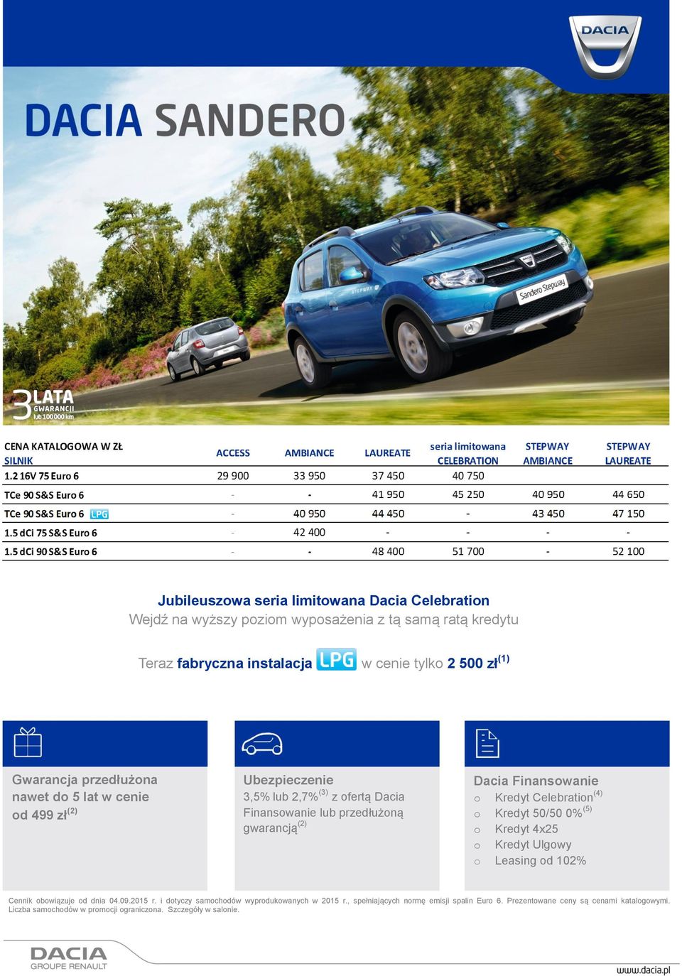 Finansowanie o Kredyt Celebration (4) o Kredyt 50/50 0% (5) o Kredyt 4x25 o Kredyt Ulgowy o Leasing od 102% Cennik obowiązuje od dnia 04.09.2015 r.