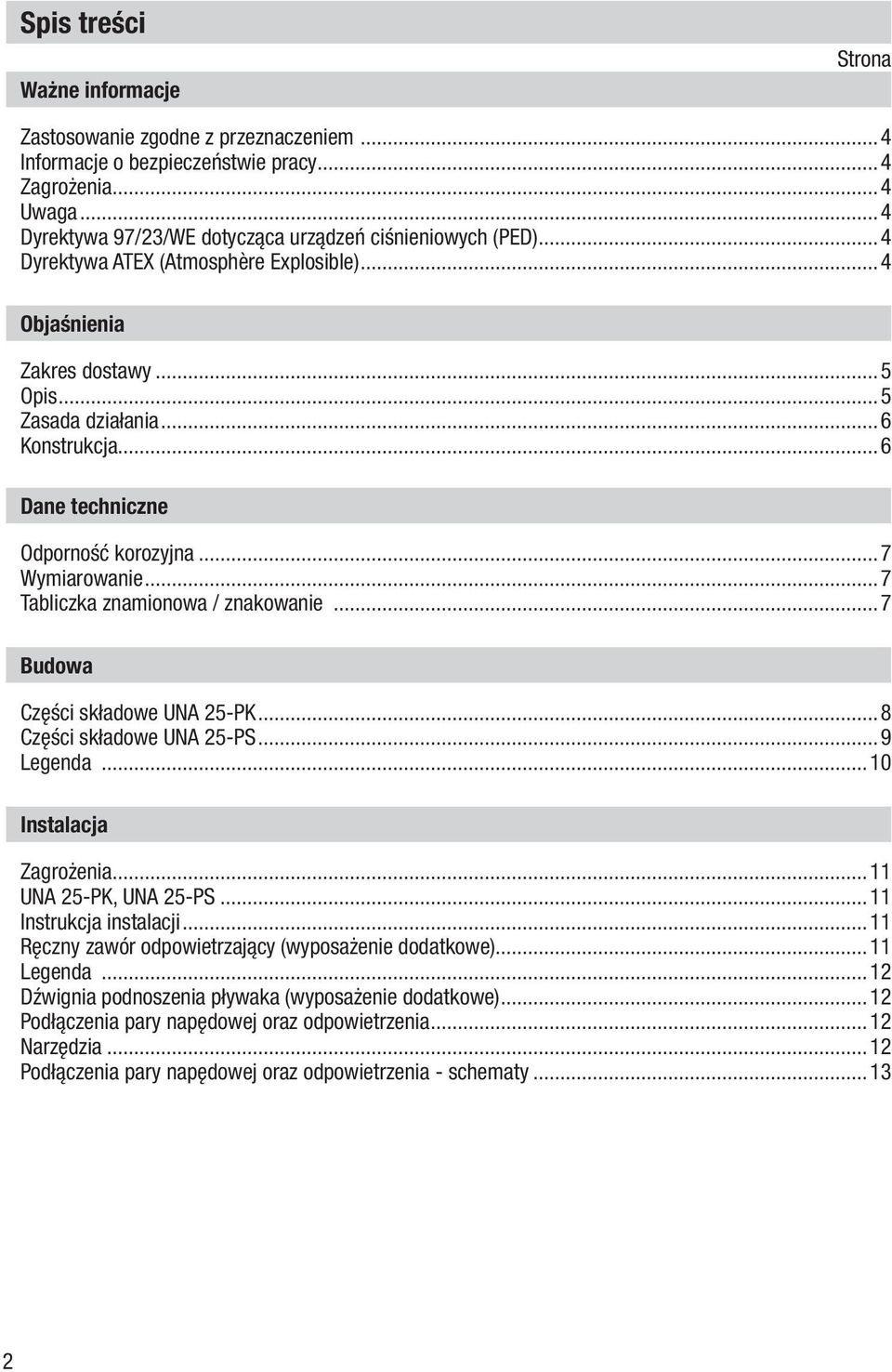 ..7 Tabliczka znamionowa / znakowanie...7 Budowa Części składowe UNA 25-PK...8 Części składowe UNA 25-PS...9 Legenda...10 Instalacja Zagrożenia...11 UNA 25-PK, UNA 25-PS...11 Instrukcja instalacji.