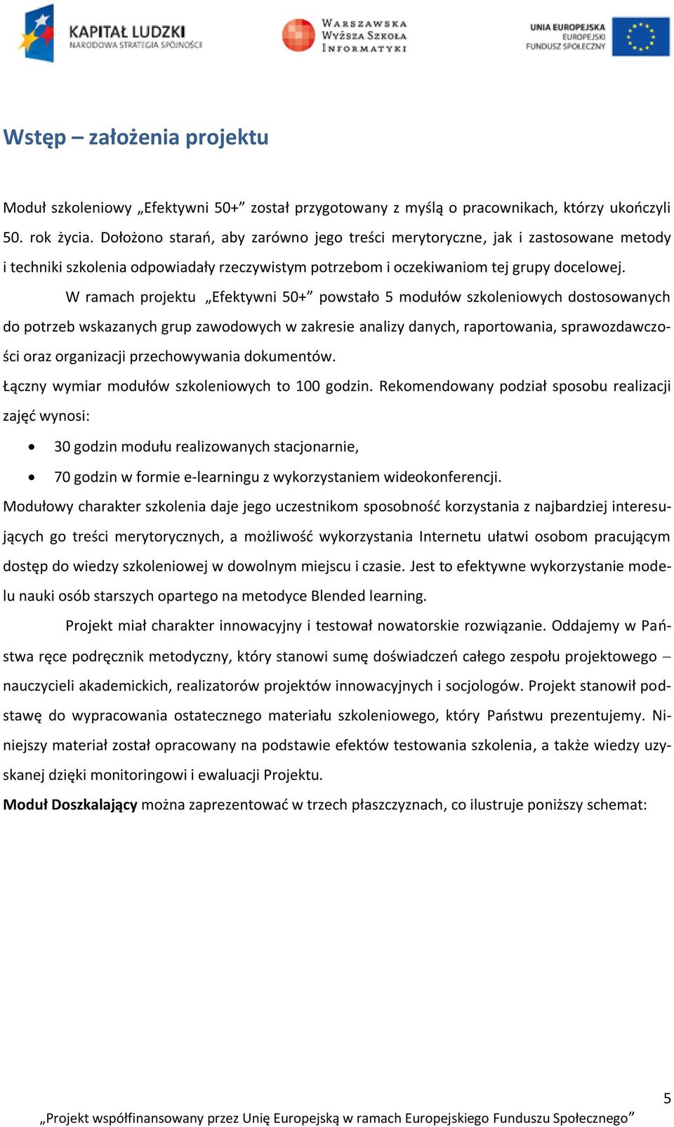 W ramach projektu Efektywni 50+ powstało 5 modułów szkoleniowych dostosowanych do potrzeb wskazanych grup zawodowych w zakresie analizy danych, raportowania, sprawozdawczości oraz organizacji