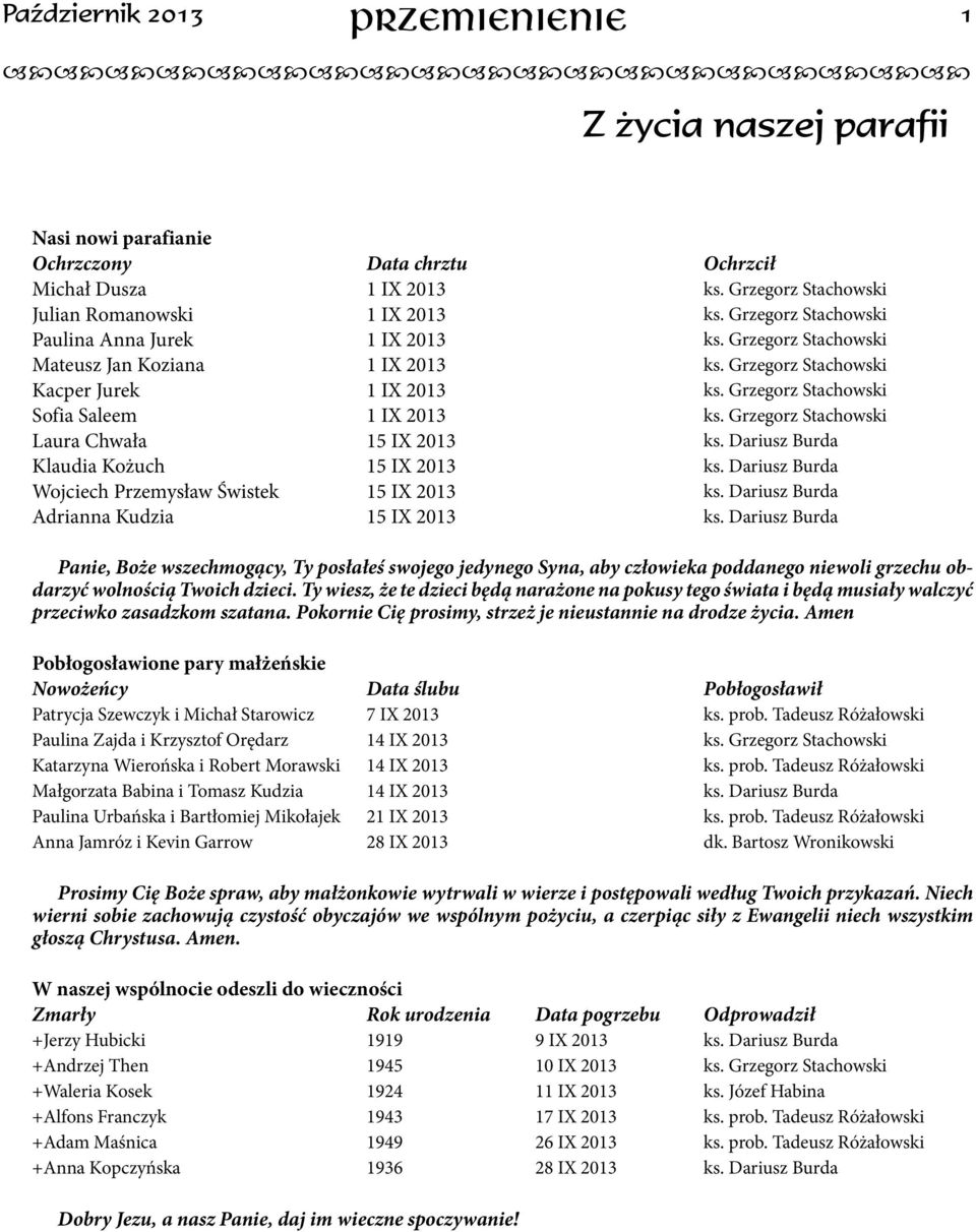 Grzegorz Stachowski Laura Chwała 15 IX 2013 ks. Dariusz Burda Klaudia Kożuch 15 IX 2013 ks. Dariusz Burda Wojciech Przemysław Świstek 15 IX 2013 ks. Dariusz Burda Adrianna Kudzia 15 IX 2013 ks.
