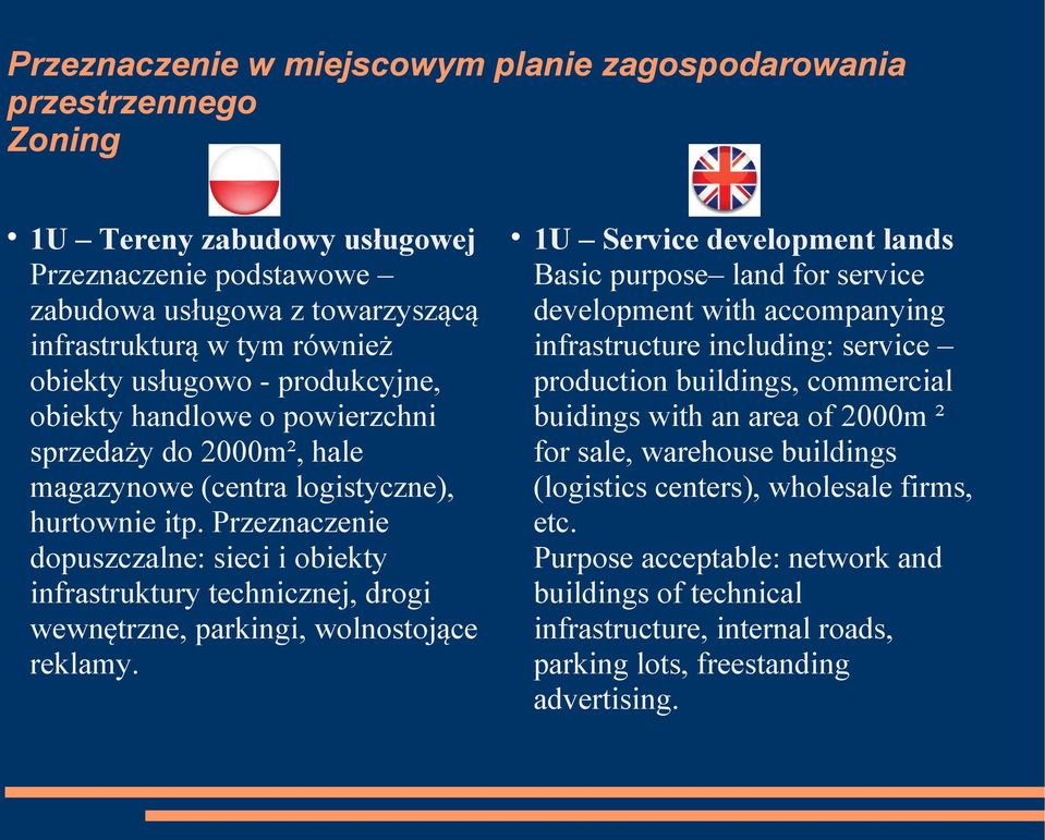 Przeznaczenie dopuszczalne: sieci i obiekty infrastruktury technicznej, drogi wewnętrzne, parkingi, wolnostojące reklamy.