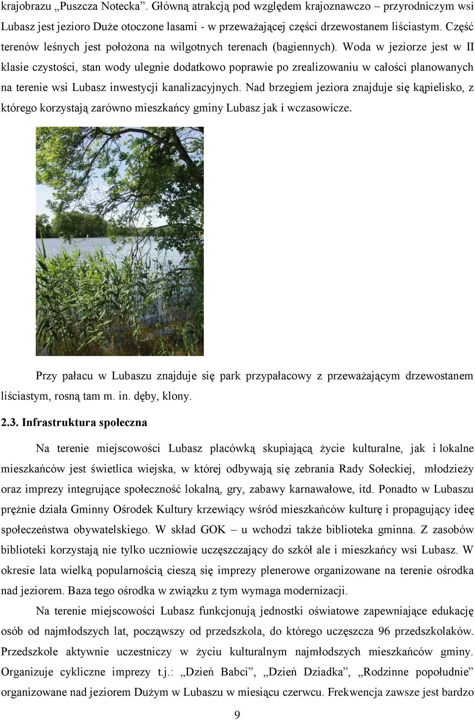 Woda w jeziorze jest w II klasie czystości, stan wody ulegnie dodatkowo poprawie po zrealizowaniu w całości planowanych na terenie wsi Lubasz inwestycji kanalizacyjnych.