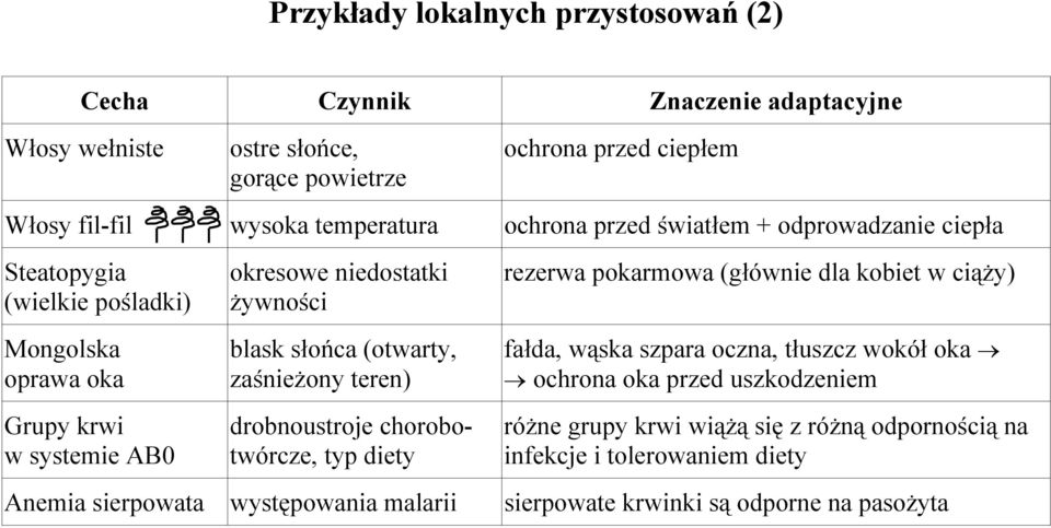 słońca (otwarty, zaśnieżony teren) drobnoustroje chorobotwórcze, typ diety rezerwa pokarmowa (głównie dla kobiet w ciąży) fałda, wąska szpara oczna, tłuszcz wokół oka