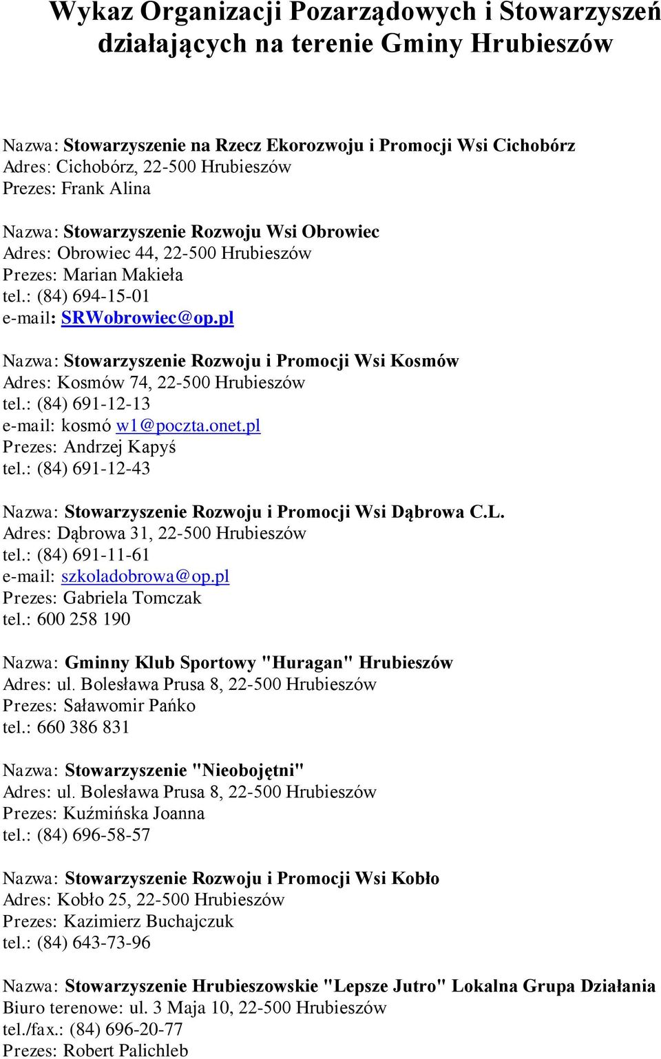 pl Nazwa: Stowarzyszenie Rozwoju i Promocji Wsi Kosmów Adres: Kosmów 74, 22-500 Hrubieszów tel.: (84) 691-12-13 e-mail: kosmó w1@poczta.onet.pl Prezes: Andrzej Kapyś tel.