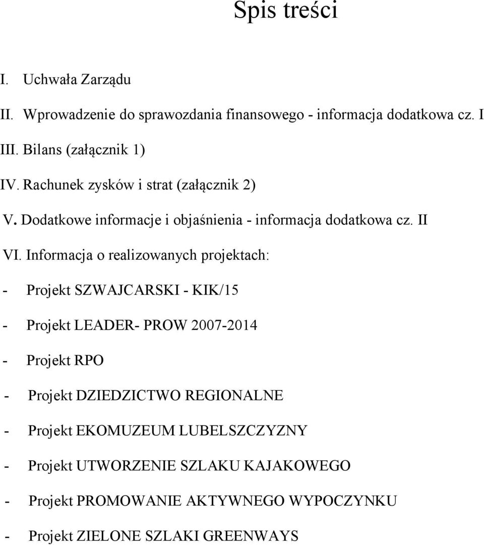 Informacja o realizowanych projektach: - Projekt SZWAJCARSKI - KIK/15 - Projekt LEADER- PROW 2007-2014 - Projekt RPO - Projekt