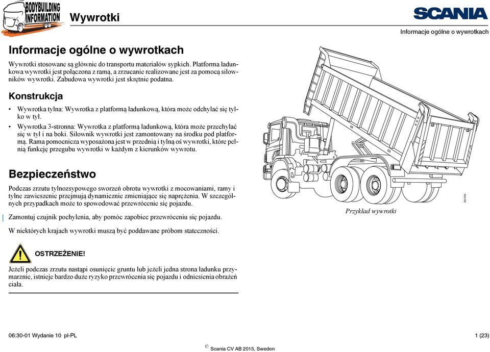 Konstrukcja Wywrotka tylna: Wywrotka z platformą ładunkową, która może odchylać się tylko w tył. Wywrotka 3-stronna: Wywrotka z platformą ładunkową, która może przechylać się w tył i na boki.