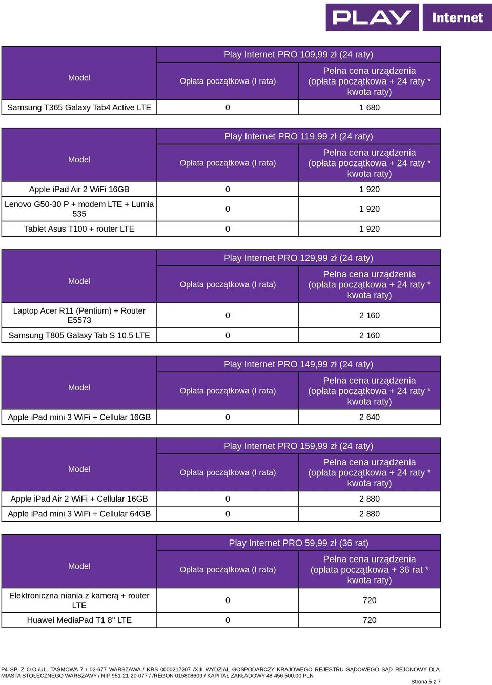 5 LTE 0 2 160 Play Internet PRO 149,99 zł (24 raty) Apple ipad mini 3 WiFi + Cellular 16GB 0 2 640 Play Internet PRO 159,99 zł (24 raty) Apple ipad Air 2 WiFi + Cellular 16GB 0