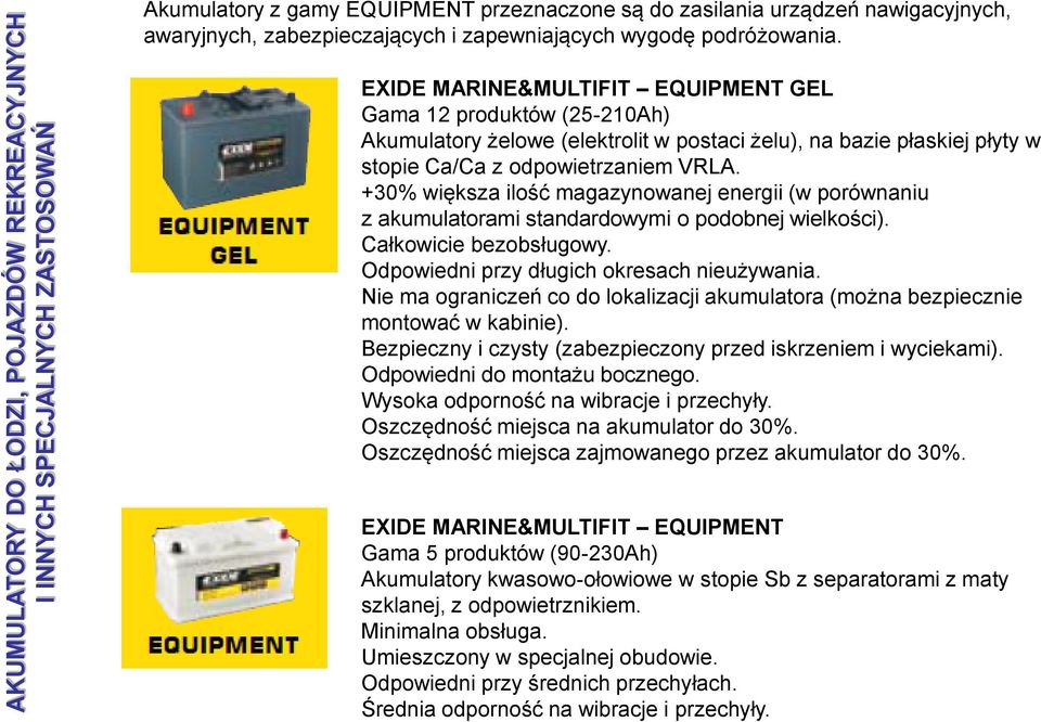 EXIDE MARINE&MULTIFIT EQUIPMENT GEL Gama 12 produktów (25-210Ah) Akumulatory żelowe (elektrolit w postaci żelu), na bazie płaskiej płyty w stopie Ca/Ca z odpowietrzaniem VRLA.