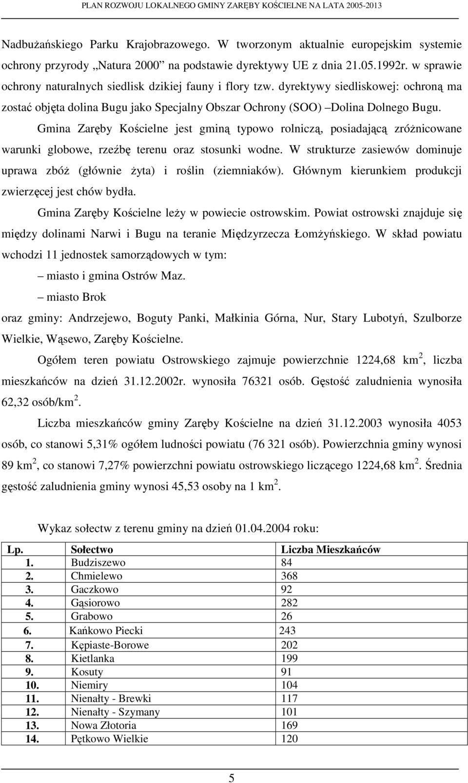 Gmina Zaręby Kościelne jest gminą typowo rolniczą, posiadającą zróŝnicowane warunki globowe, rzeźbę terenu oraz stosunki wodne.