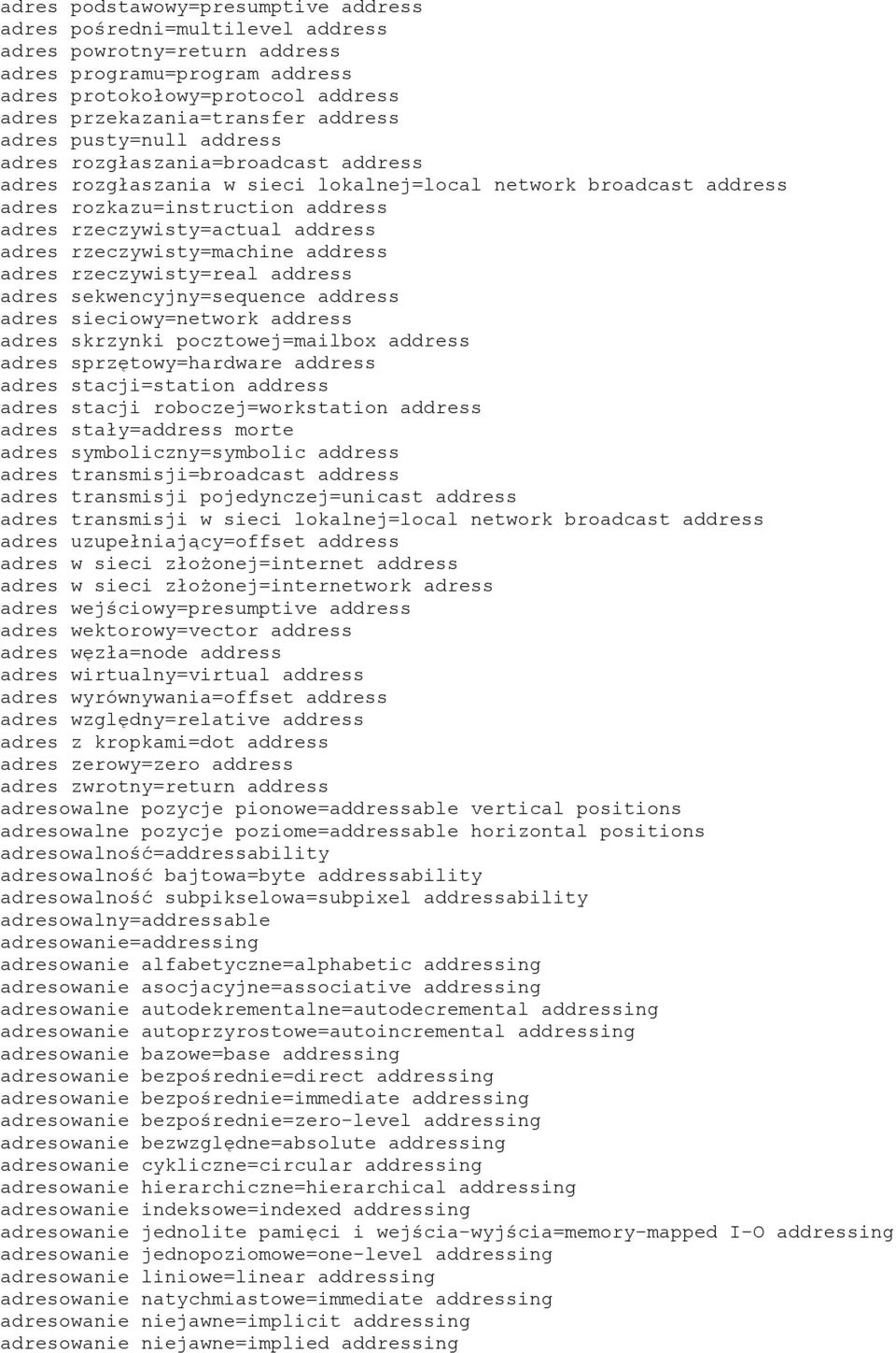 address adres rzeczywisty=machine address adres rzeczywisty=real address adres sekwencyjny=sequence address adres sieciowy=network address adres skrzynki pocztowej=mailbox address adres