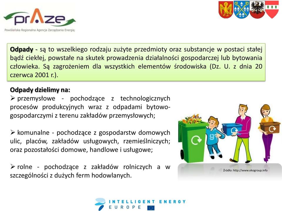Odpady dzielimy na: przemysłowe - pochodzące z technologicznych procesów produkcyjnych wraz z odpadami bytowogospodarczymi z terenu zakładów przemysłowych; komunalne -