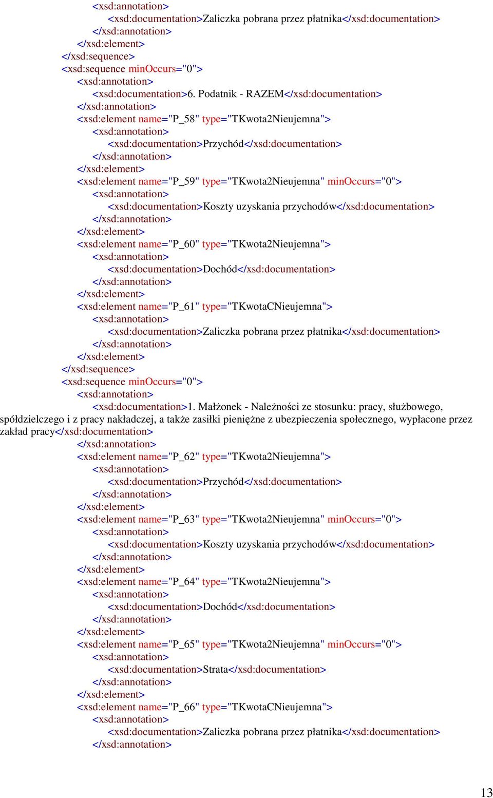 <xsd:documentation>koszty uzyskania przychodów</xsd:documentation> <xsd:element name="p_60" type="tkwota2nieujemna"> <xsd:documentation>dochód</xsd:documentation> <xsd:element name="p_61"