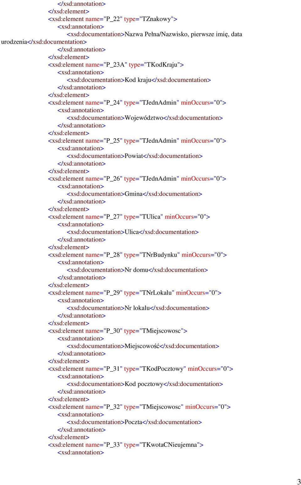 <xsd:documentation>powiat</xsd:documentation> <xsd:element name="p_26" type="tjednadmin" minoccurs="0"> <xsd:documentation>gmina</xsd:documentation> <xsd:element name="p_27" type="tulica"