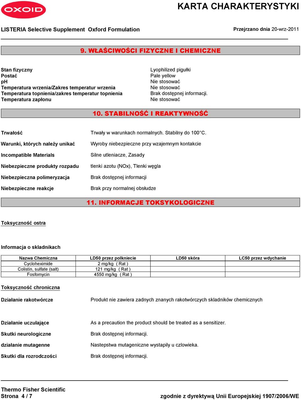 STABILNOŚĆ I REAKTYWNOŚĆ Trwałość Warunki, których należy unikać Incompatible Materials Niebezpieczne produkty rozpadu Niebezpieczna polimeryzacja Niebezpieczne reakcje Trwały w warunkach normalnych.