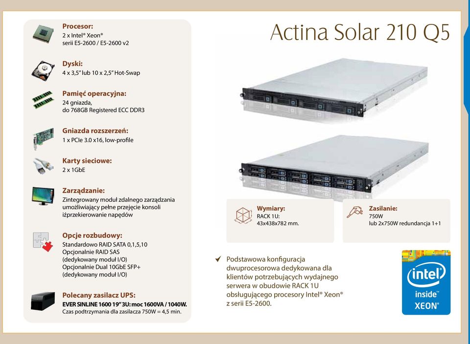 (dedykowany moduł I/O) Opcjonalnie Dual 10GbE SFP+ (dedykowany moduł I/O) EVER SINLINE 1600 19 3U: moc 1600VA / 1040W. Czas podtrzymania dla zasilacza 750W = 4,5 min.