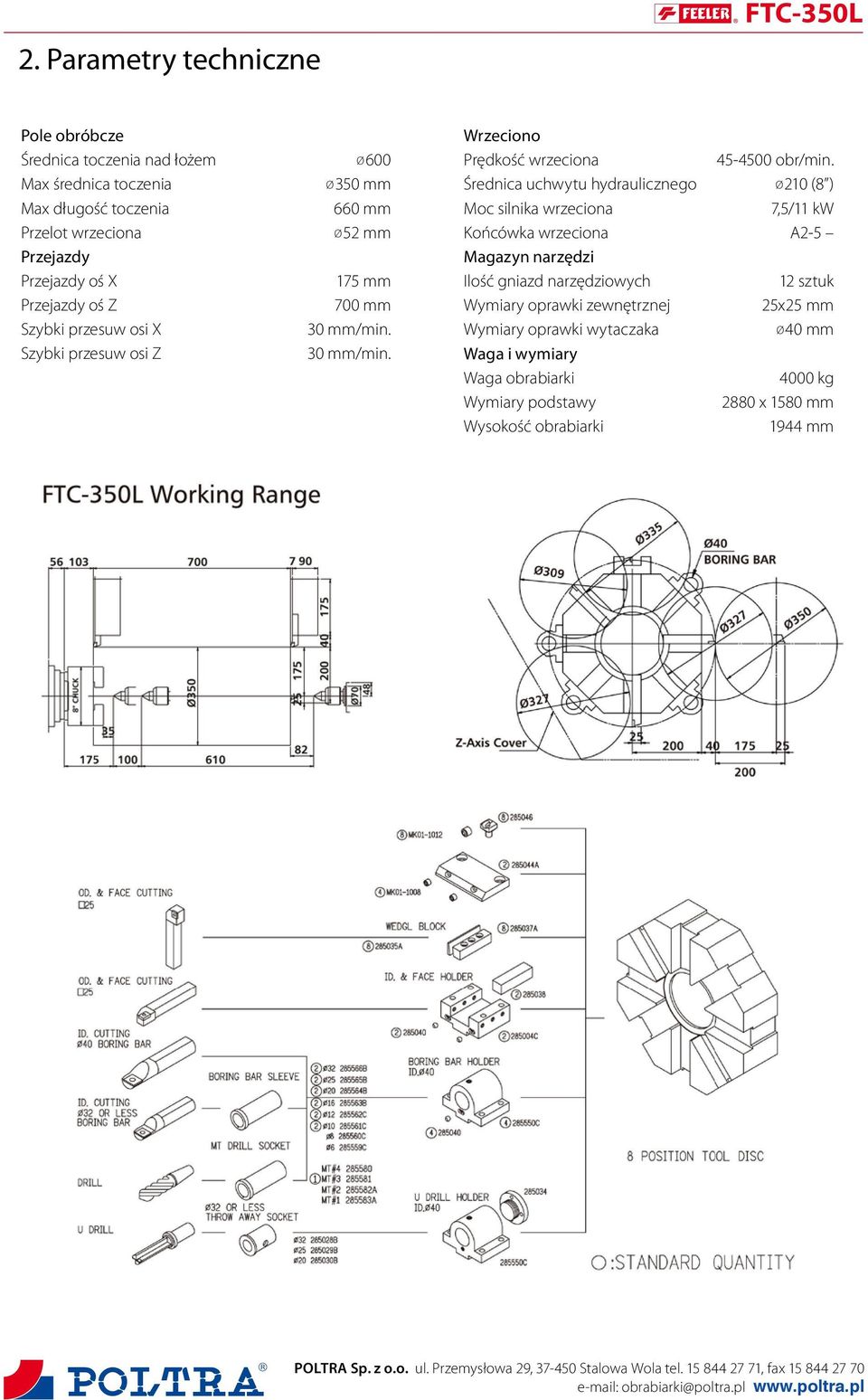 Średnica uchwytu hydraulicznego Ø210 (8 ) Moc silnika wrzeciona 7,5/11 kw Końcówka wrzeciona A2-5 Magazyn narzędzi Ilość gniazd narzędziowych 12 sztuk Wymiary oprawki zewnętrznej