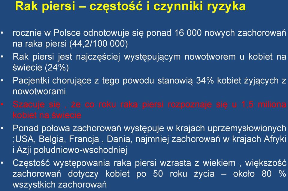 rozpoznaje się u 1,5 miliona kobiet na świecie Ponad połowa zachorowań występuje w krajach uprzemysłowionych ;USA, Belgia, Francja, Dania, najmniej zachorowań w