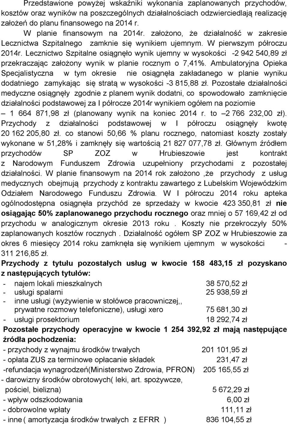 Lecznictwo Szpitalne osiągnęło wynik ujemny w wysokości 2 942 540,89 zł przekraczając założony wynik w planie rocznym o 7,41.