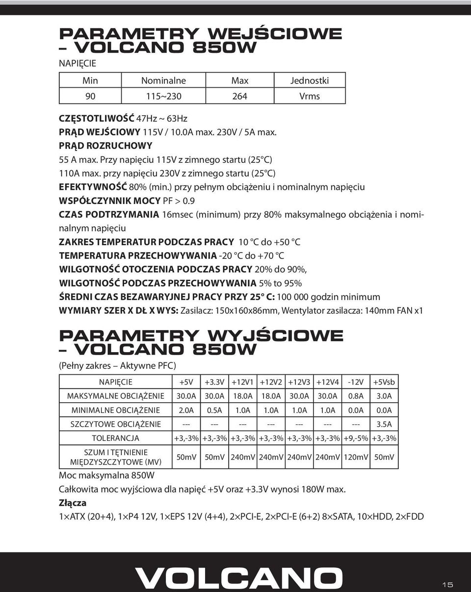 9 CZAS PODTRZYMANIA 16msec (minimum) przy 80% maksymalnego obciążenia i nominalnym napięciu ZAKRES TEMPERATUR PODCZAS PRACY 10 C do +50 C TEMPERATURA PRZECHOWYWANIA -20 C do +70 C WILGOTNOŚĆ