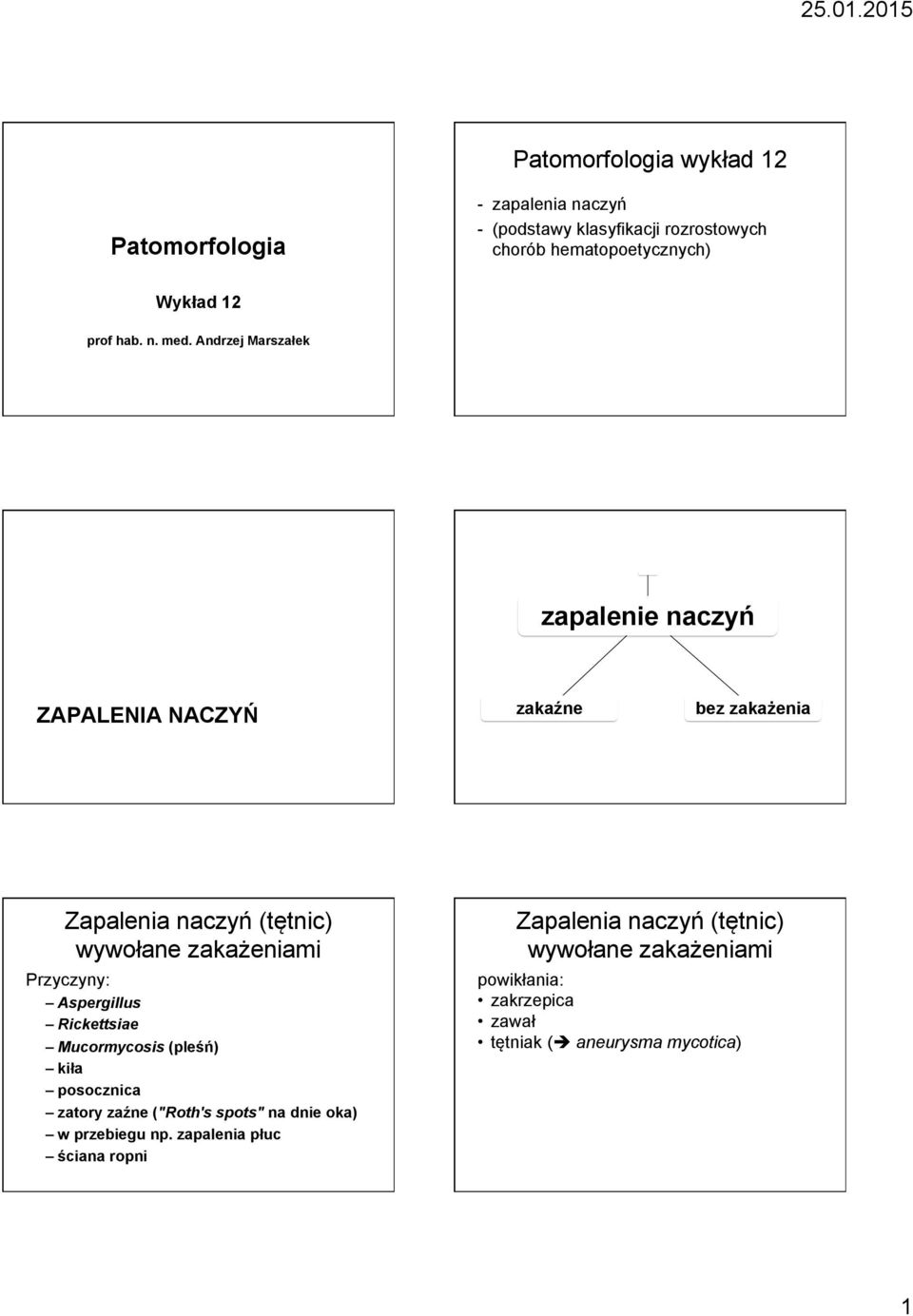 Andrzej Marszałek zapalenie naczyń ZAPALENIA NACZYŃ zakaźne bez zakażenia Zapalenia naczyń (tętnic) wywołane zakażeniami Przyczyny: