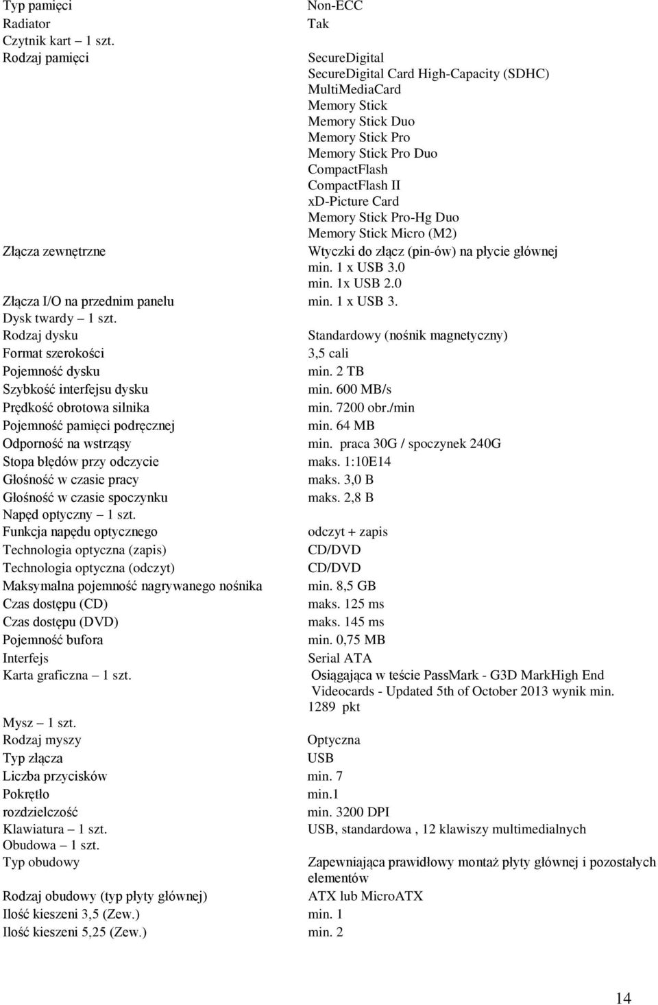 CompactFlash II xd-picture Card Memory Stick Pro-Hg Duo Memory Stick Micro (M2) Wtyczki do złącz (pin-ów) na płycie głównej min. 1 x USB 3.0 min. 1x USB 2.0 Złącza I/O na przednim panelu min.