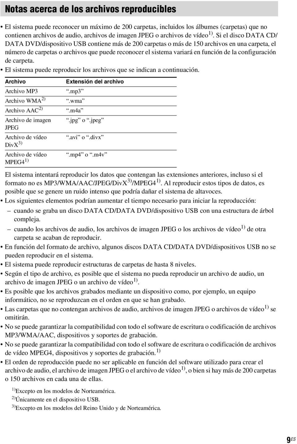 Si el disco DATA CD/ DATA DVD/dispositivo USB contiene más de 200 carpetas o más de 150 archivos en una carpeta, el número de carpetas o archivos que puede reconocer el sistema variará en función de