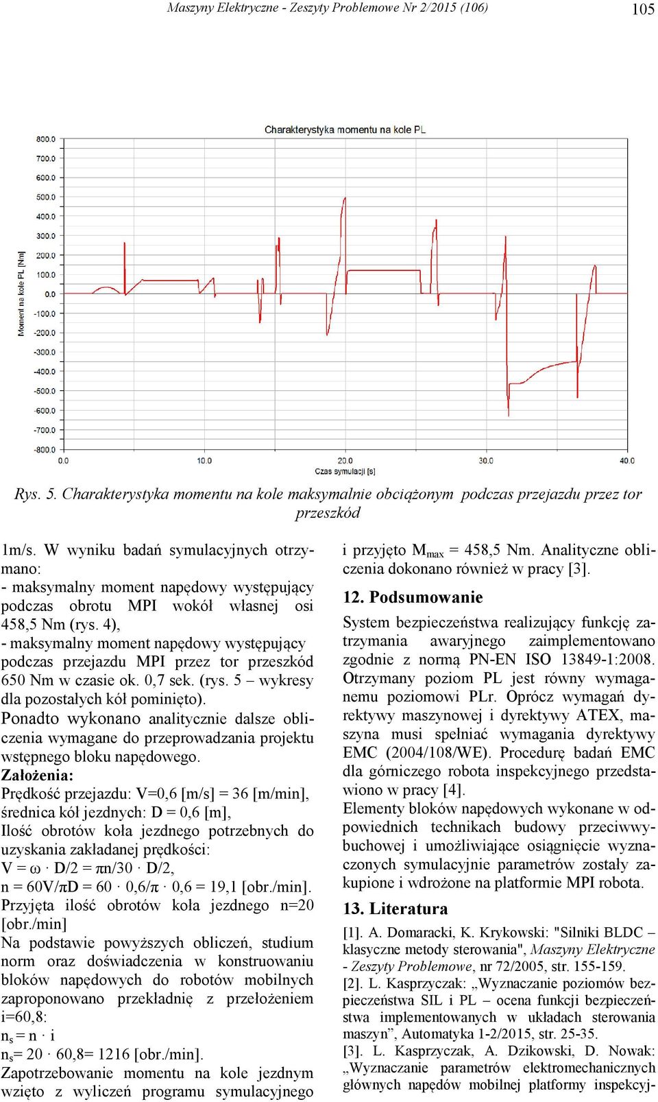 4), - maksymalny moment napędowy występujący podczas przejazdu MPI przez tor przeszkód 650 Nm w czasie ok. 0,7 sek. (rys. 5 wykresy dla pozostałych kół pominięto).