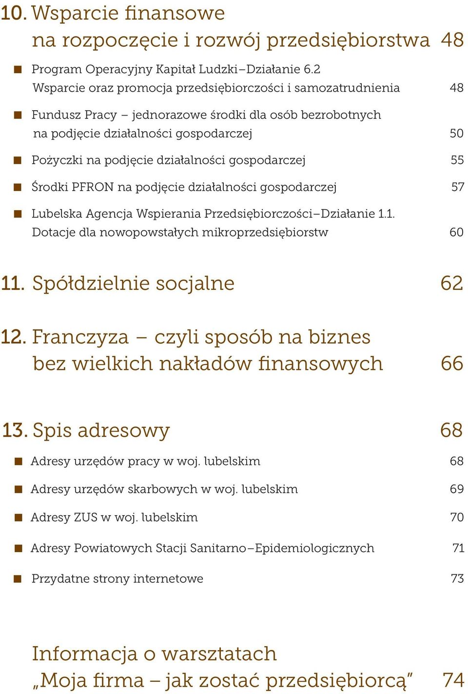 gospodarczej 55 Środki PFRON na podjęcie działalności gospodarczej 57 Lubelska Agencja Wspierania Przedsiębiorczości Działanie 1.1. Dotacje dla nowopowstałych mikroprzedsiębiorstw 60 11.