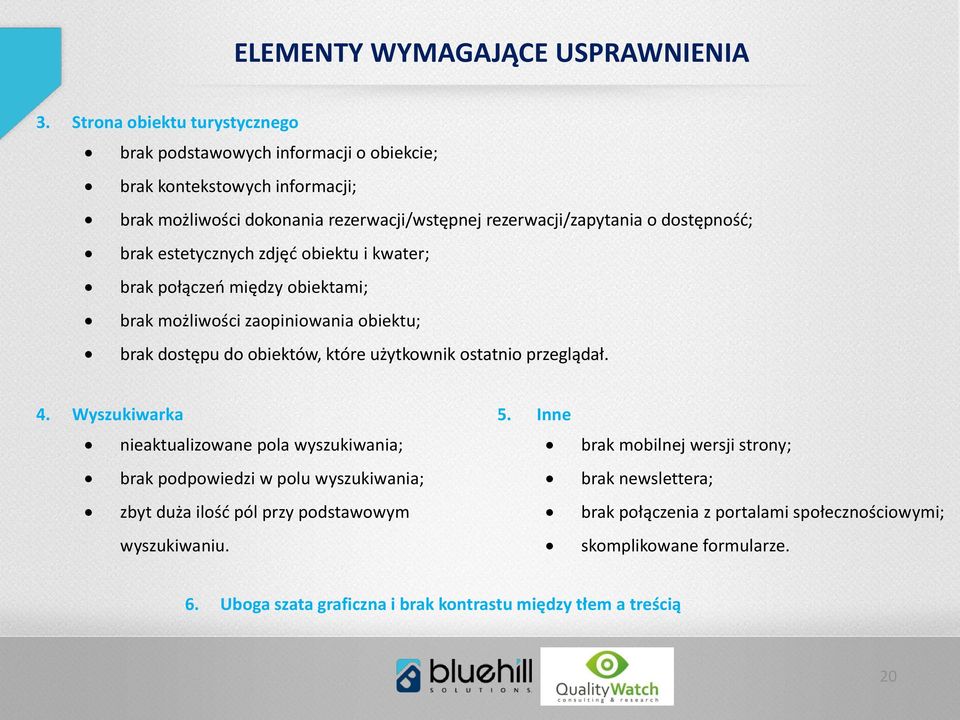 brak estetycznych zdjęć obiektu i kwater; brak połączeń między obiektami; brak możliwości zaopiniowania obiektu; brak dostępu do obiektów, które użytkownik ostatnio przeglądał. 4.