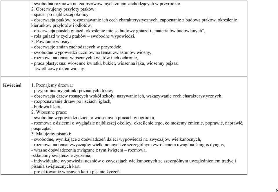 obserwacja ptasich gniazd, określenie miejsc budowy gniazd i materiałów budowlanych, - rola gniazd w życiu ptaków swobodne wypowiedzi. 3.