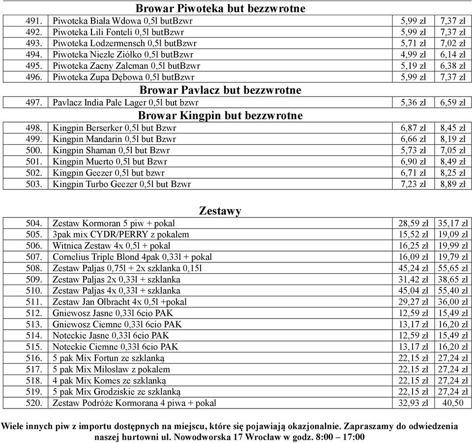 Piwoteka Zupa Dębowa 0,5l butbzwr 5,99 zł 7,37 zł Browar Pavlacz but bezzwrotne 497. Pavlacz India Pale Lager 0,5l but bzwr 5,36 zł 6,59 zł Browar Kingpin but bezzwrotne 498.