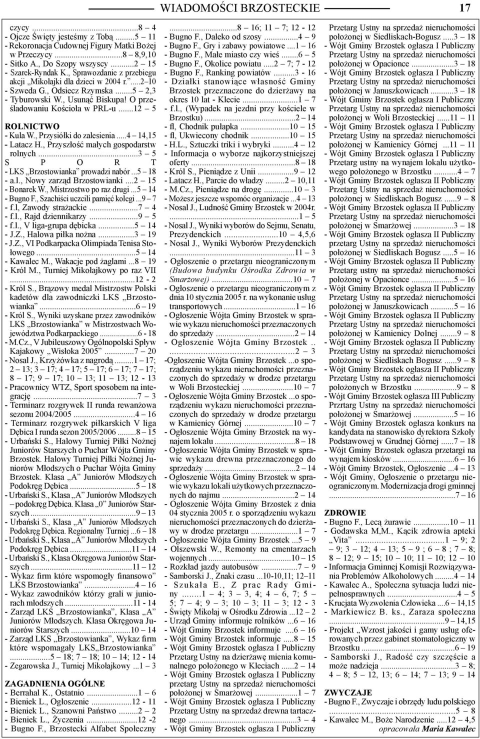 , Przysiółki do zalesienia...4 14,15 - Latacz H., Przyszłość małych gospodarstw rolnych...3 5 S P O R T - LKS Brzostowianka prowadzi nabór...5 18 - a.l., Nowy zarząd Brzostowianki...2 15 - Bonarek W.