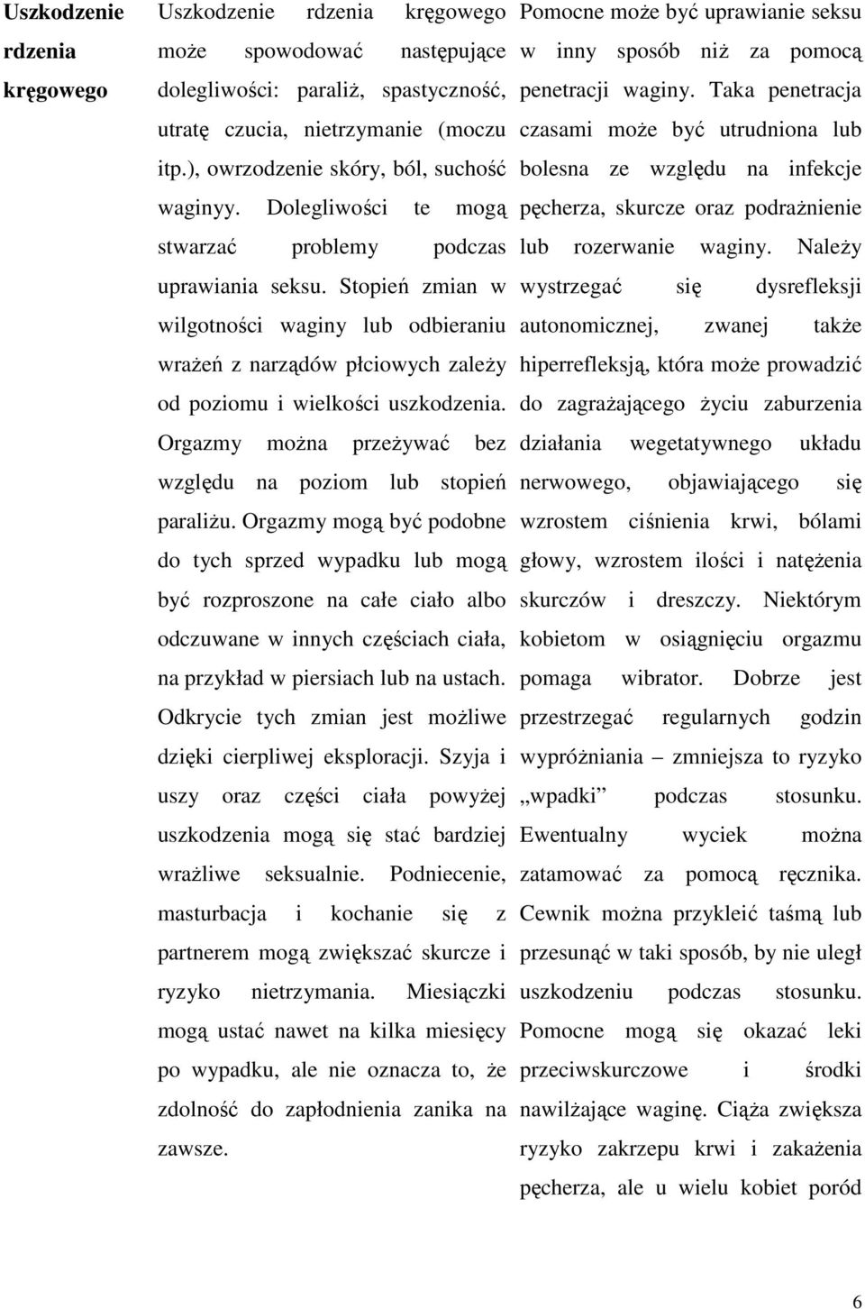 Stopień zmian w wilgotności waginy lub odbieraniu wraŝeń z narządów płciowych zaleŝy od poziomu i wielkości uszkodzenia. Orgazmy moŝna przeŝywać bez względu na poziom lub stopień paraliŝu.