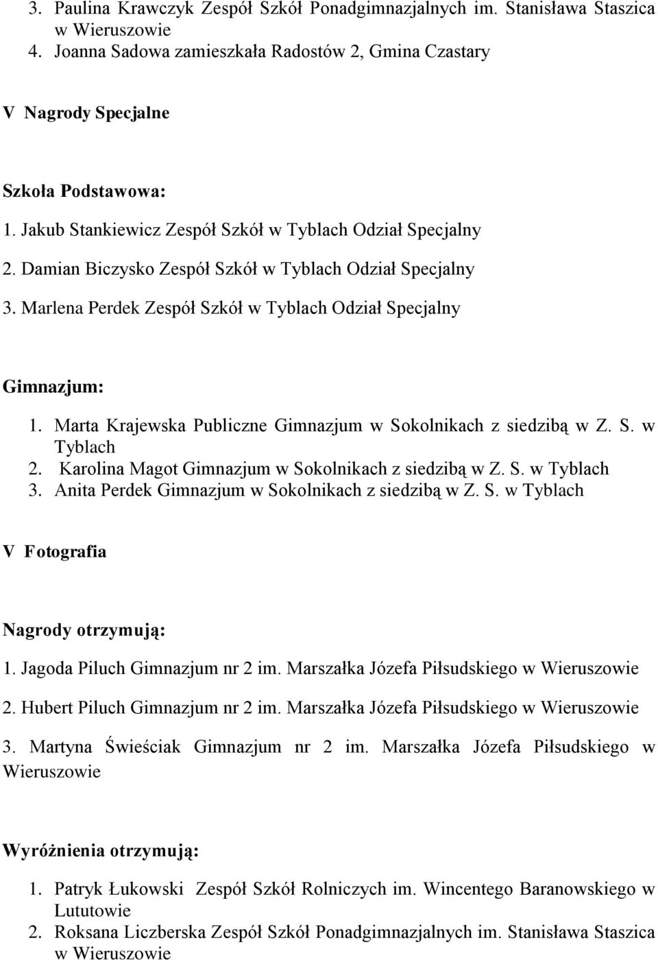 Marta Krajewska Publiczne Gimnazjum w Sokolnikach z siedzibą w Z. S. w Tyblach 2. Karolina Magot Gimnazjum w Sokolnikach z siedzibą w Z. S. w Tyblach 3.