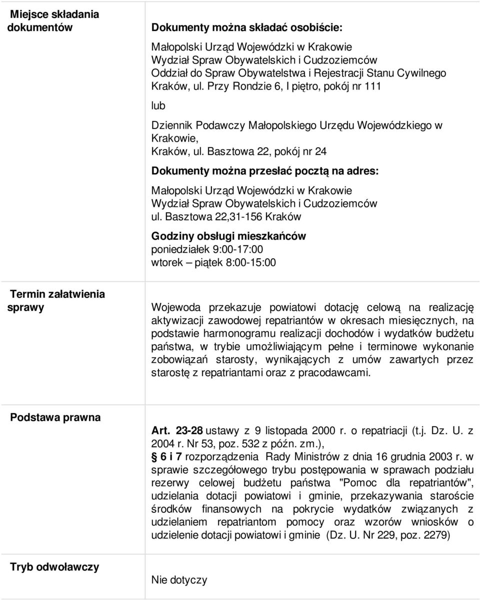 Basztowa 22,31-156 Kraków Godziny obsługi mieszkańców poniedziałek 9:00-17:00 wtorek piątek 8:00-15:00 Termin załatwienia sprawy Wojewoda przekazuje powiatowi dotację celową na realizację aktywizacji