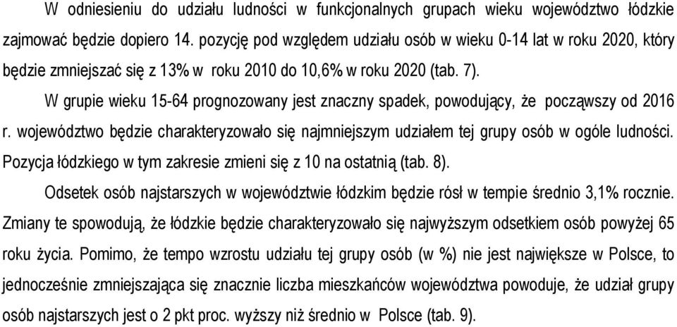 W grupie wieku 15-64 prognozowany jest znaczny spadek, powodujący, że począwszy od 2016 r. województwo będzie charakteryzowało się najmniejszym udziałem tej grupy osób w ogóle ludności.