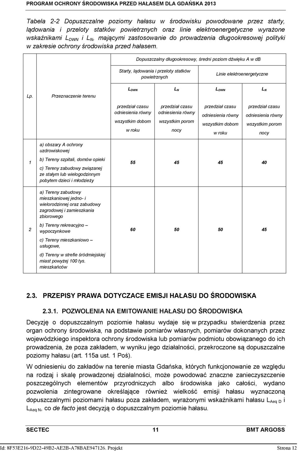 Dopuszczalny długookresowy, średni poziom dźwięku A w db Starty, lądowania i przeloty statków powietrznych Linie elektroenergetyczne Lp.