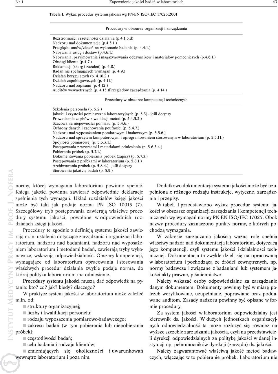 4.4.1.) Nabywania usług i dostaw (p.4.6.1.) Nabywania, przyjmowania i magazynowania odczynników i materiałów pomocniczych (p.4.6.1.) Obsługi klienta (p.4.7.) Reklamacji (skarg i zażaleń) (p. 4.8.