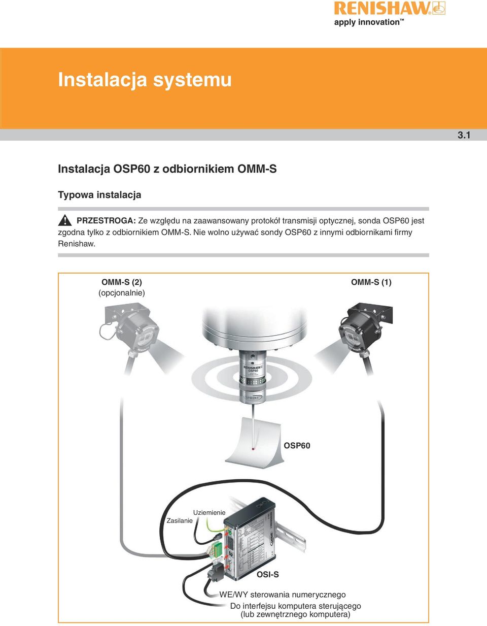 odbiornikiem OMM-S. Nie wolno używać sondy OSP60 z innymi odbiornikami firmy Renishaw.