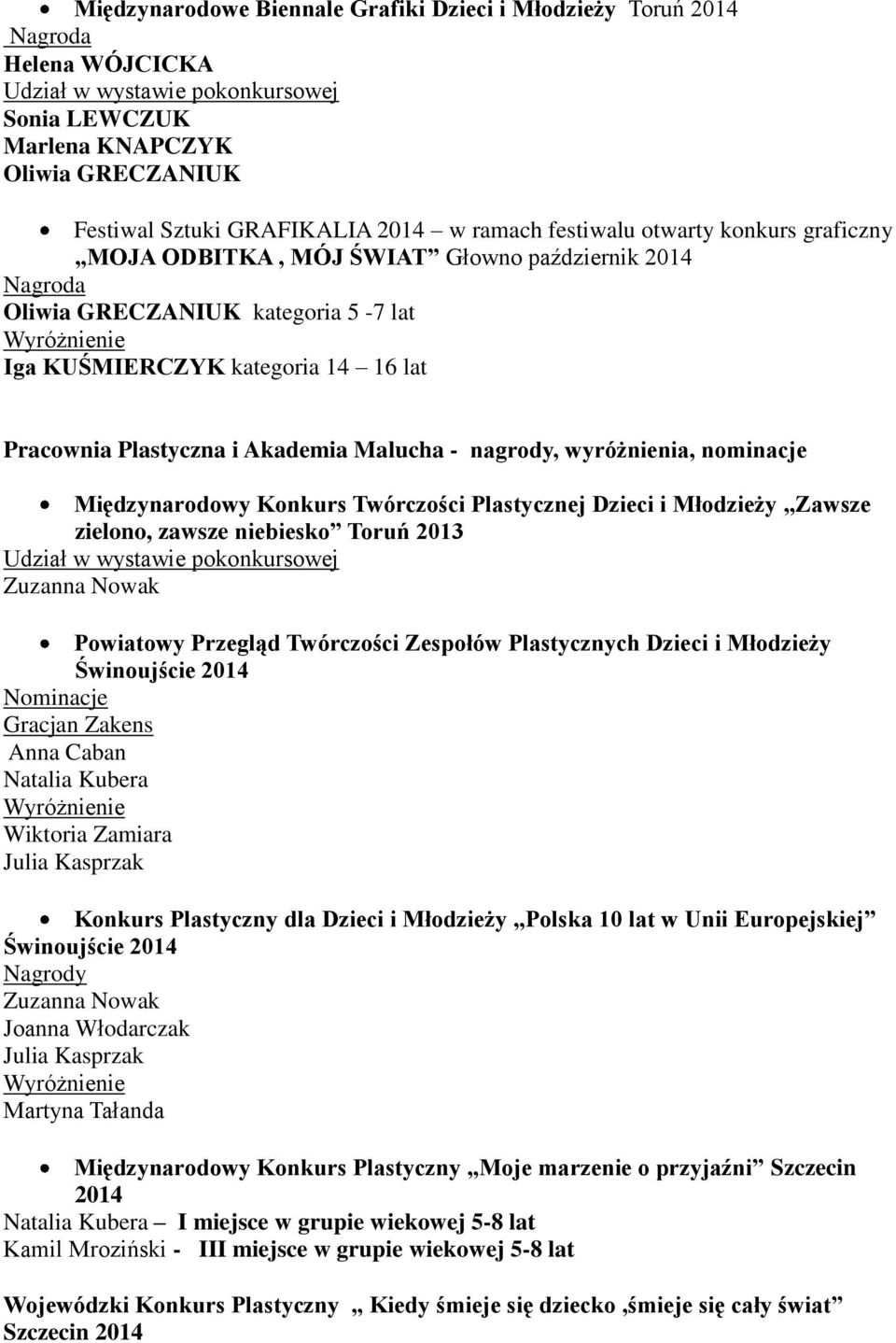 Akademia Malucha - nagrody, wyróżnienia, nominacje Międzynarodowy Konkurs Twórczości Plastycznej Dzieci i Młodzieży Zawsze zielono, zawsze niebiesko Toruń 2013 Udział w wystawie pokonkursowej Zuzanna