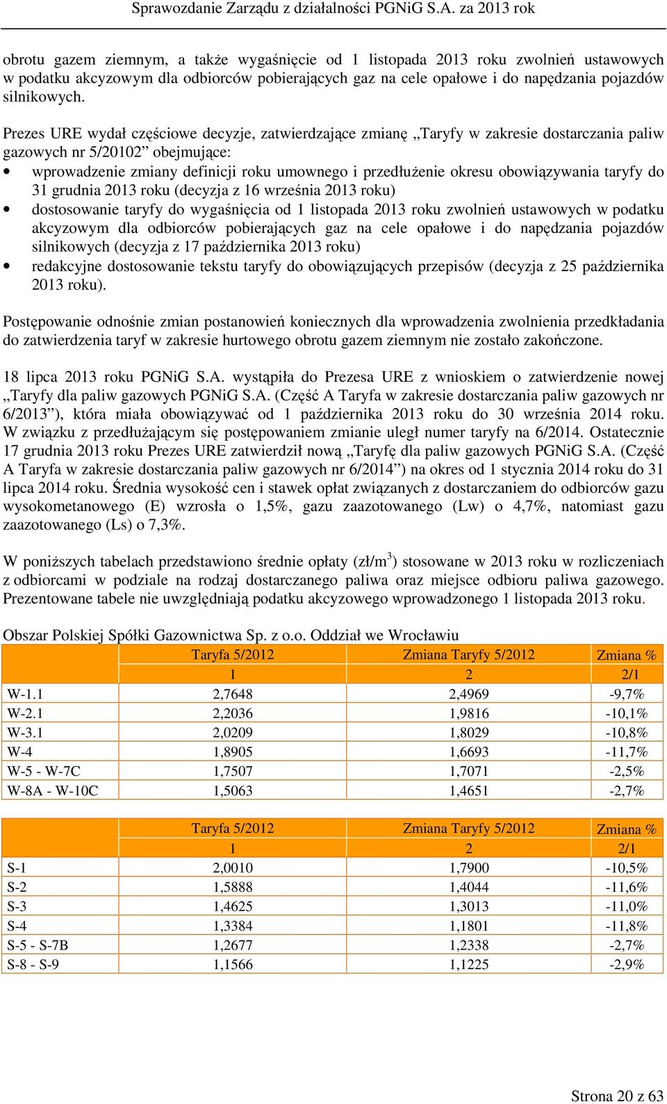 obowiązywania taryfy do 31 grudnia 2013 roku (decyzja z 16 września 2013 roku) dostosowanie taryfy do wygaśnięcia od 1 listopada 2013 roku zwolnień ustawowych w podatku akcyzowym dla odbiorców