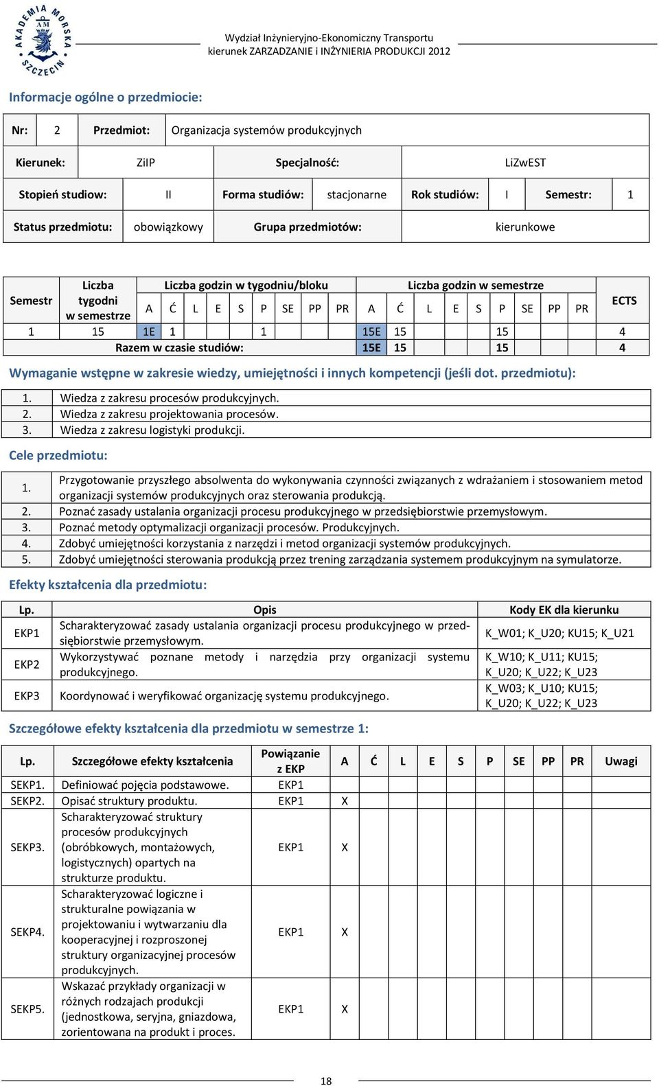 SE PP PR A Ć L E S P SE PP PR w semestrze 1 1E 1 1 E 4 Razem w czasie studiów: E 4 Wymaganie wstępne w zakresie wiedzy, umiejętności i innych kompetencji (jeśli dot. przedmiotu): 1.