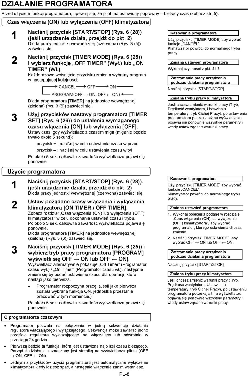 2) Dioda pracy jednostki wewnętrznej (czerwona) (Rys. 3 (5)) zaświeci się. Naciśnij przycisk [TIMER MODE] (Rys. 6 (25)) i wybierz funkcję OFF TIMER (Wył.) lub ON TIMER (Wł.). Każdorazowe wciśnięcie przycisku zmienia wybrany program w następującej kolejności: Dioda programatora [TIMER] na jednostce wewnętrznej (zielona) (rys.