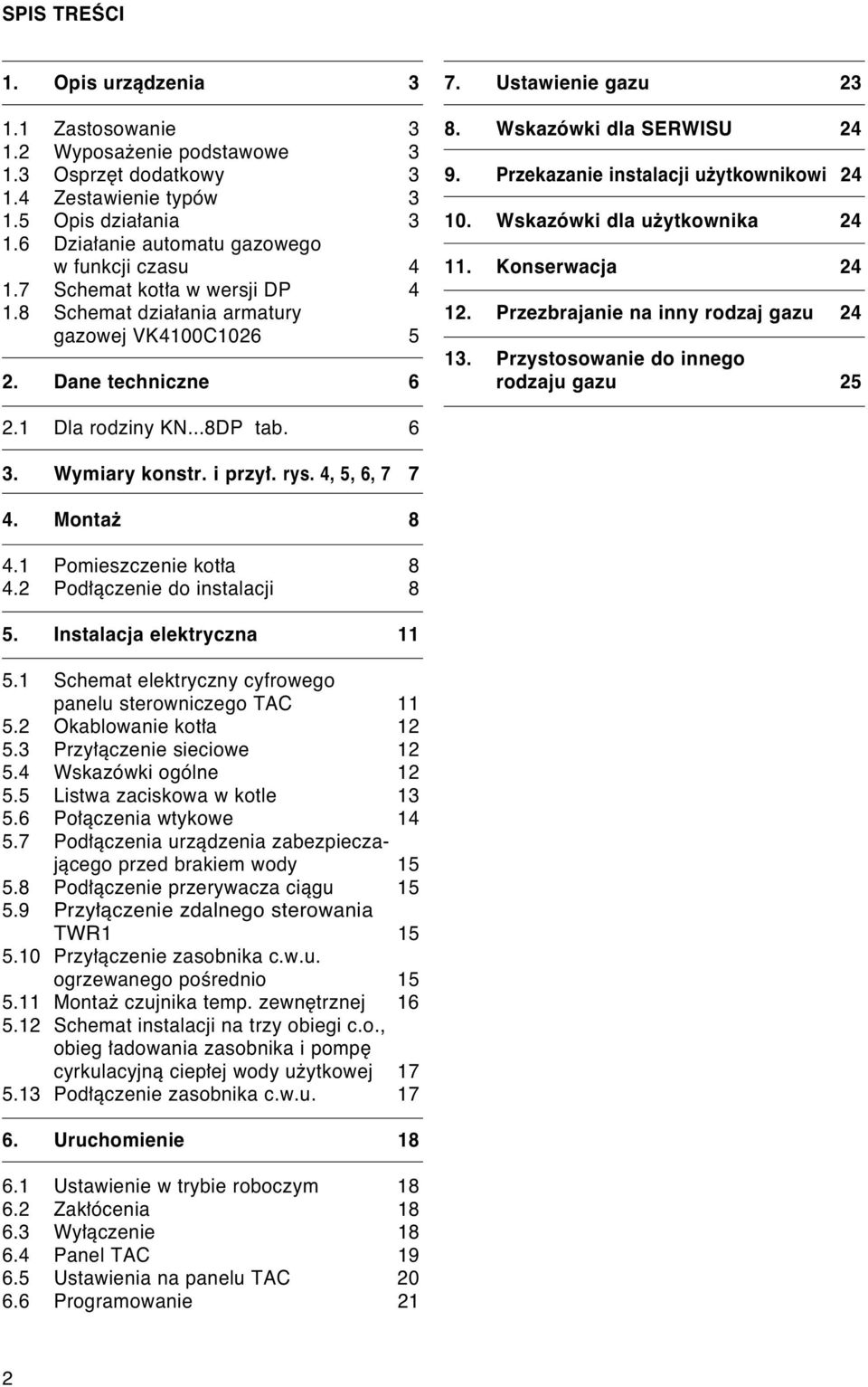 Wskazówki dla SERWISU 24 9. Przekazanie instalacji u ytkownikowi 24 10. Wskazówki dla u ytkownika 24 11. Konserwacja 24 12. Przezbrajanie na inny rodzaj gazu 24 13.